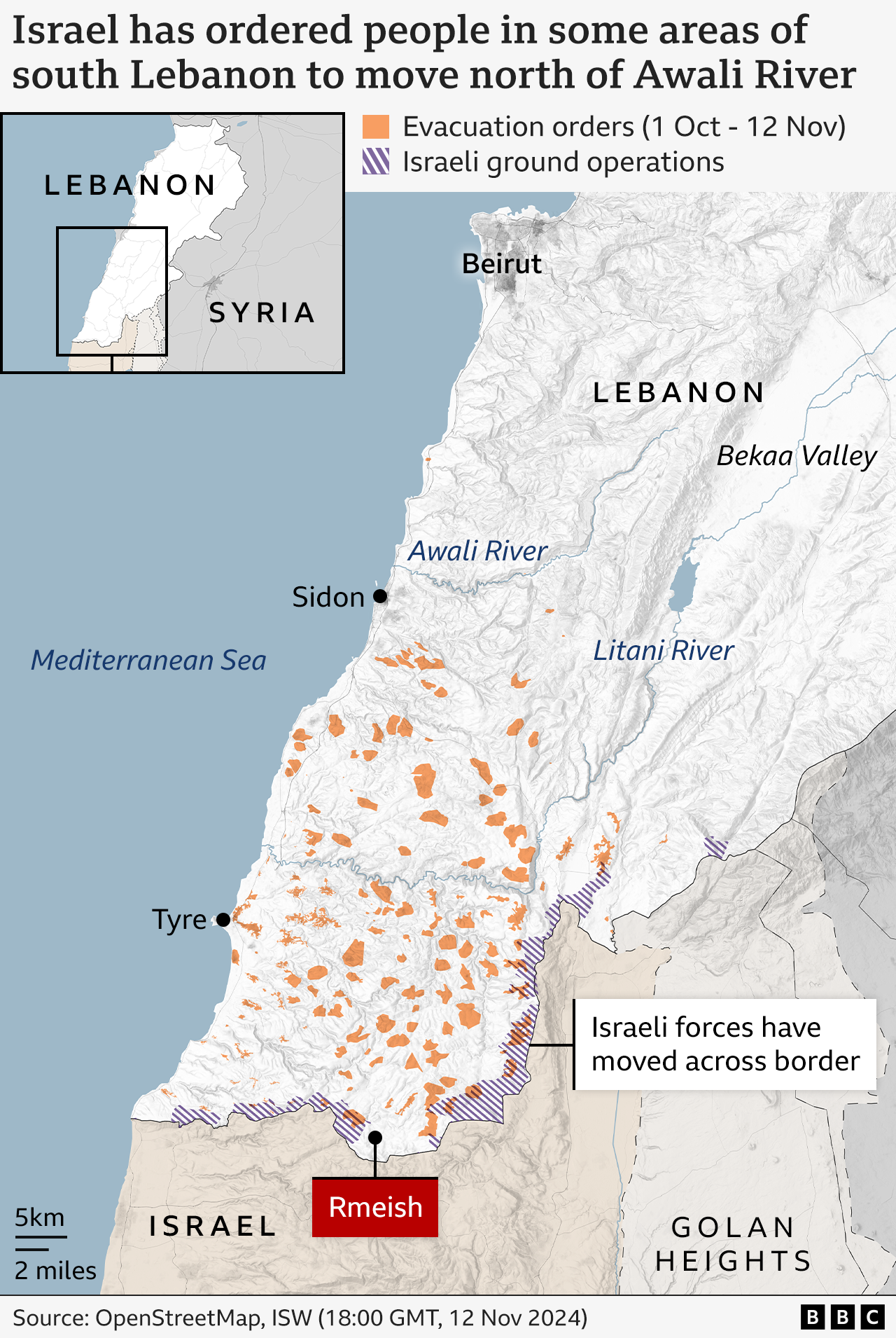 Map showing the areas in Lebanon where Israel has ground operations and also the areas targeted by Israeli evacuation orders. The city of Rmeish, in South Lebanon, is close to a ground operation area, but out of the evacuation orders zone.