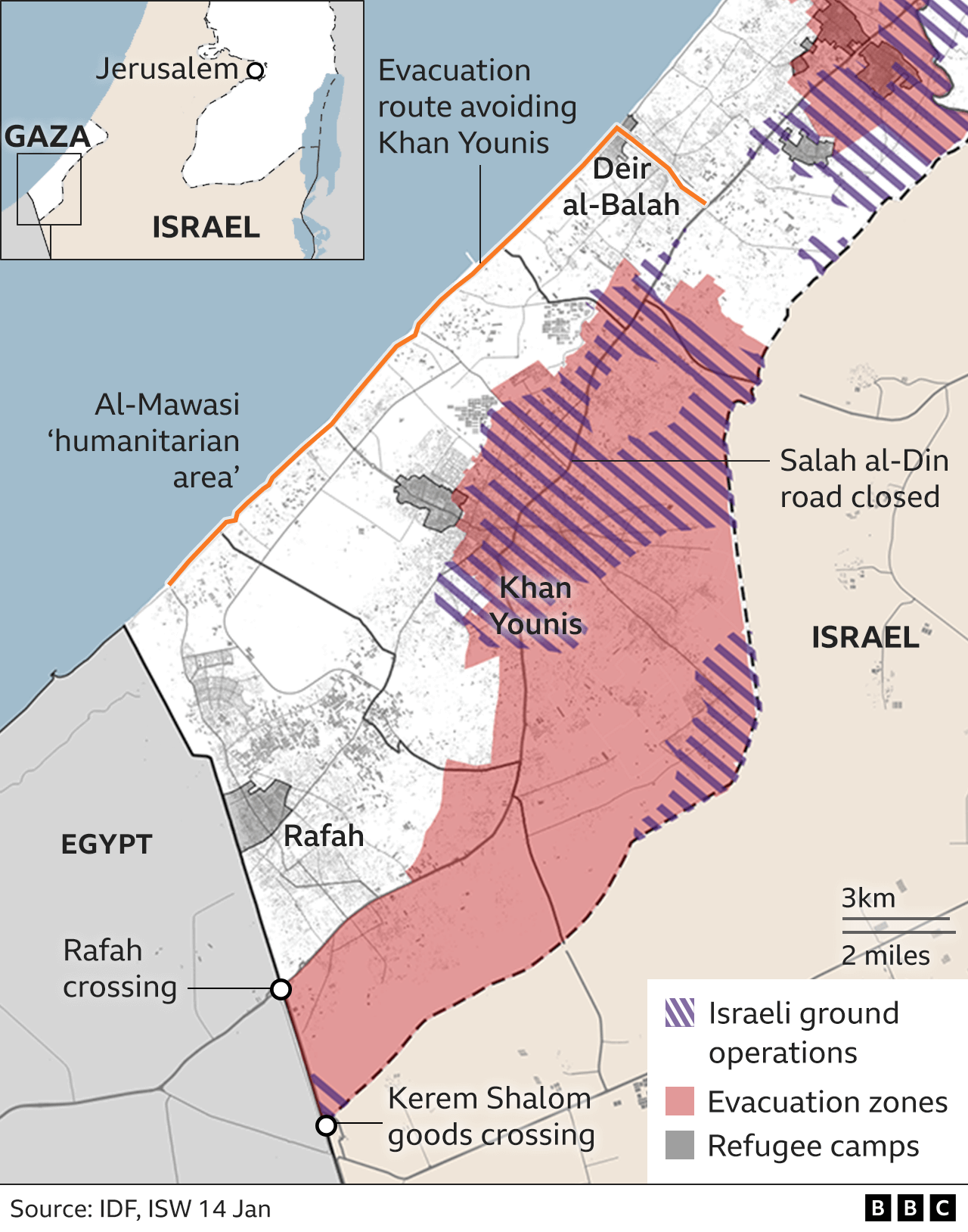 Map showing area of south eastern Gaza told to evacuate and Israeli ground operations in and around Khan Younis