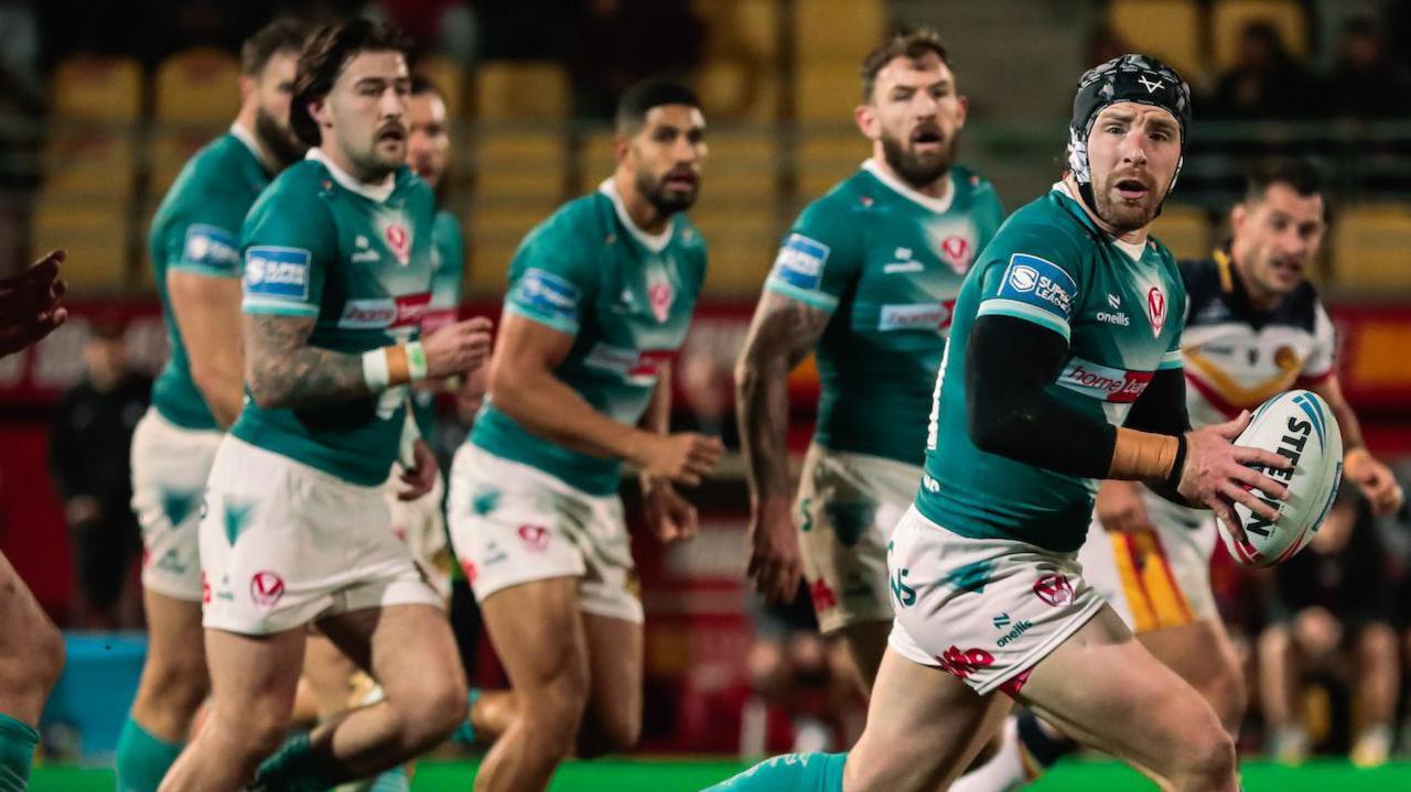 Jackson Hastings with the ball during St Helens' win against Catalans this season