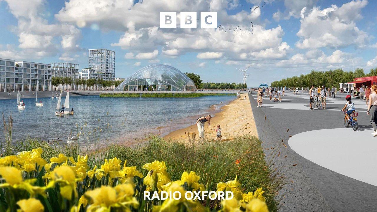 An artists impression of a waterside area with a small sandy beach, sailing boats on the water and pedestrians on the boulevard. Properties can be seen in the distance over 4 stories tall. There are daffodils in the foreground. 