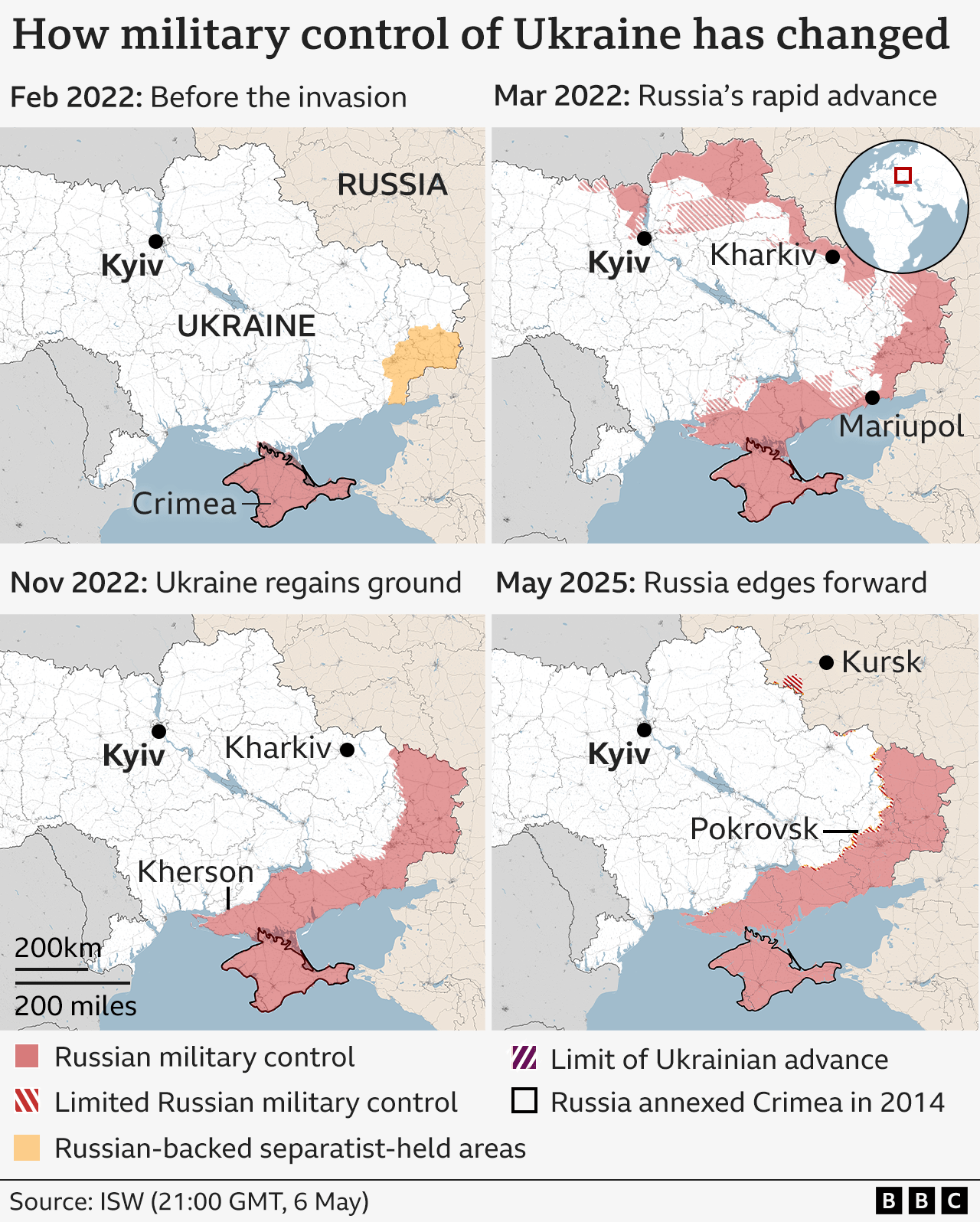 Four maps showing how the situation has changed on the ground since Russia's invasion: from Russia separatists holding territory in Donbas, to Russia taking territory in the north of Ukraine in the first days following the invasion, before being pushed out of the country and restricted to slow territorial gains in the south east.