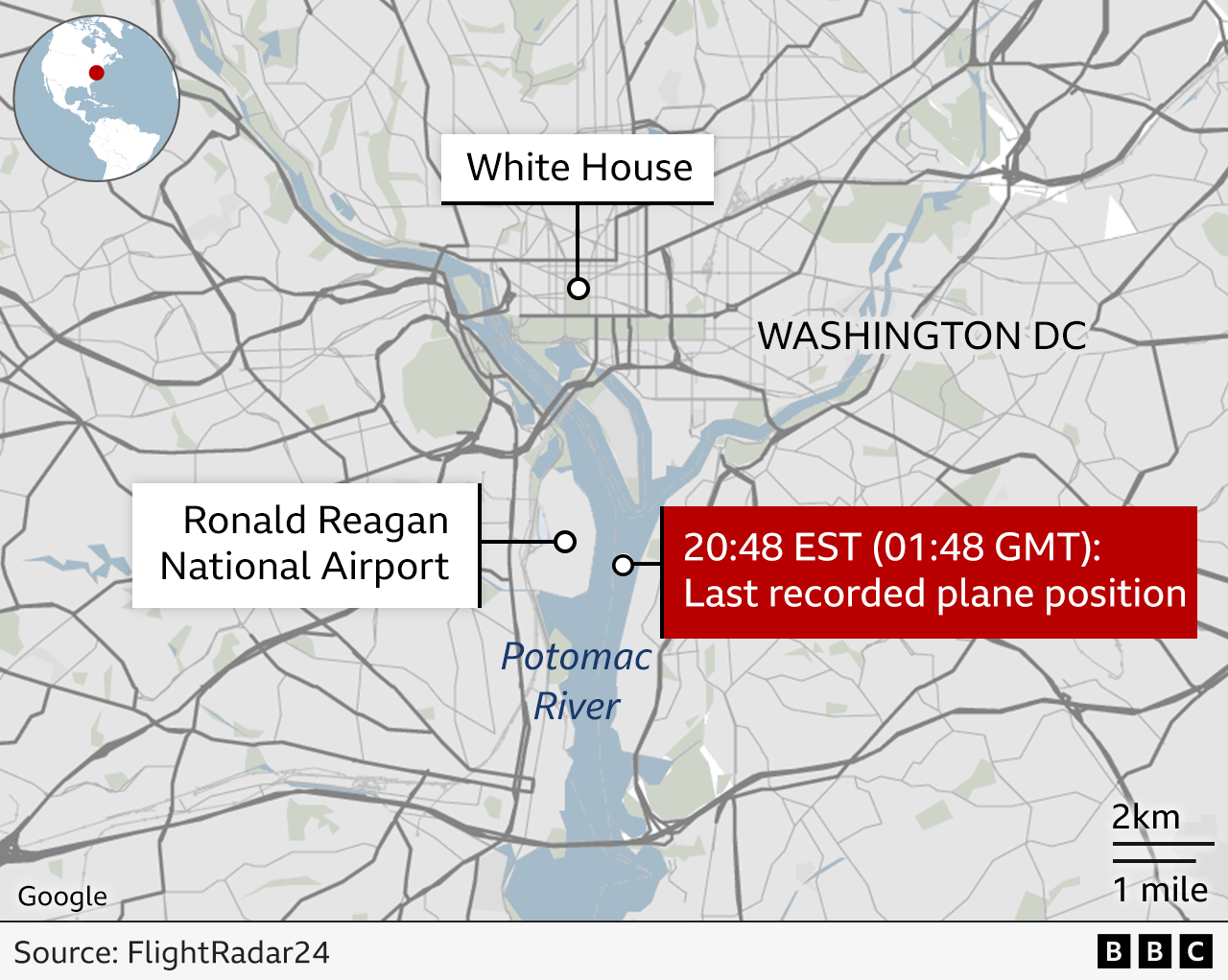 Street map of the Washington DC area, showing a label with the last recorded plane position (at 20:48 EST, 01:48 GMT), in the Potomac River near the Ronald Reagan National Airport, both also highlighted. For reference, the White House has also been labelled up.