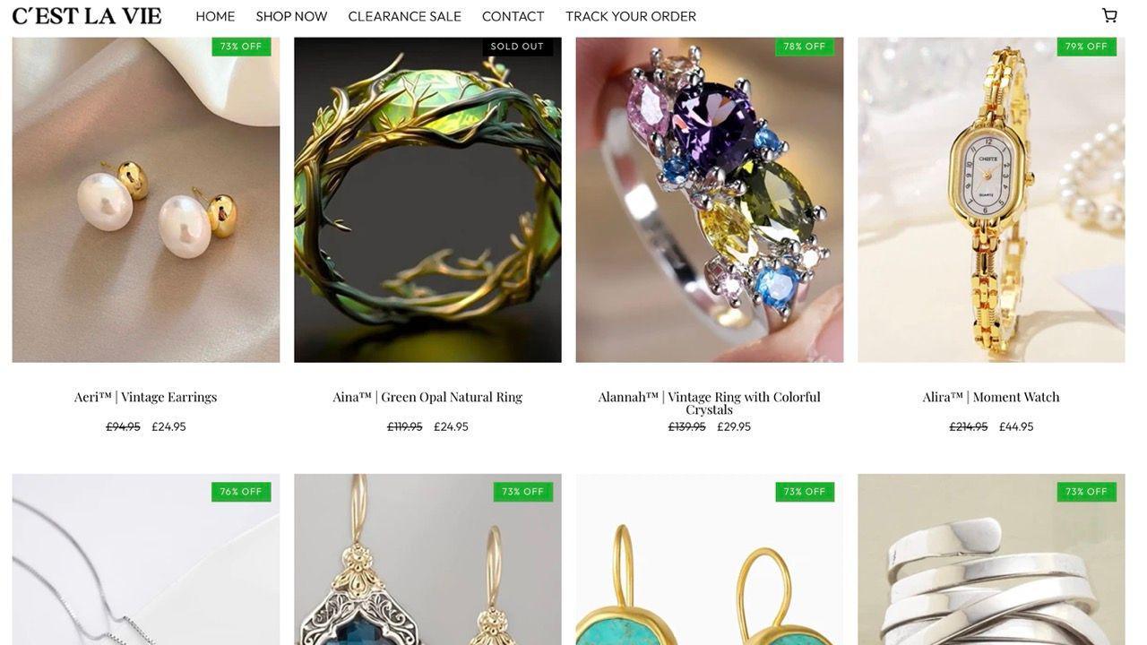 Eight images of jewellery, from gold and pearl vintage earrings, a green opal ring and a vintage ring with colourful crystals