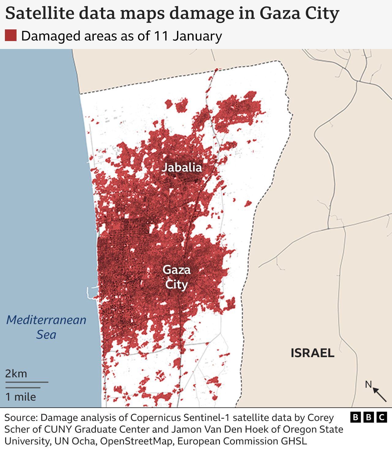 BBC graphic of a showing the extent of the damage in Gaza as of 11 January, captured by satellite data. 