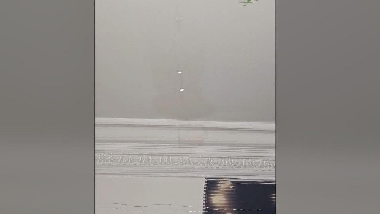 A ceiling with cornicing, the wall and ceiling is painted white and you can see a large brown stain. 