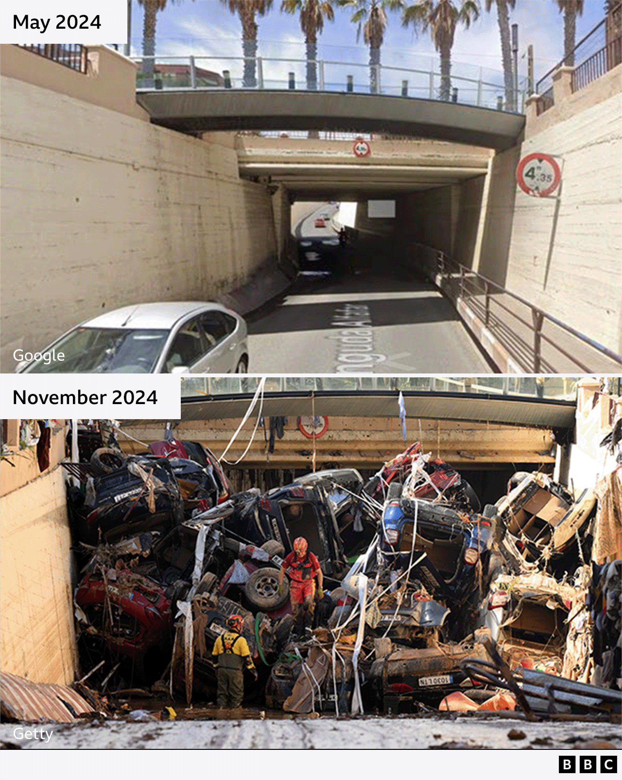 A comparison image which shows a tunnel with a glass bridge in May 2024, and the same tunnel in November 2024 blocked by piled-up cars