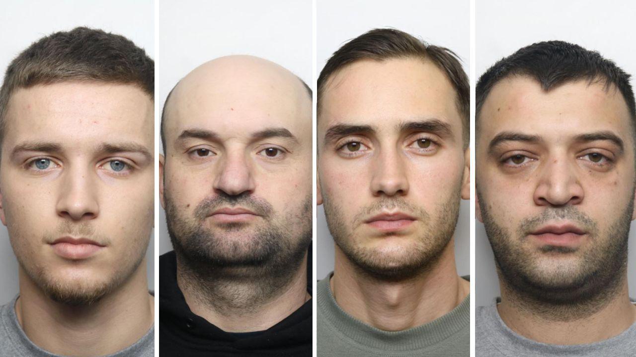 Four more mugshots of men. The second man is bald and has a black top but the other three are wearing grey and have short brown hair.