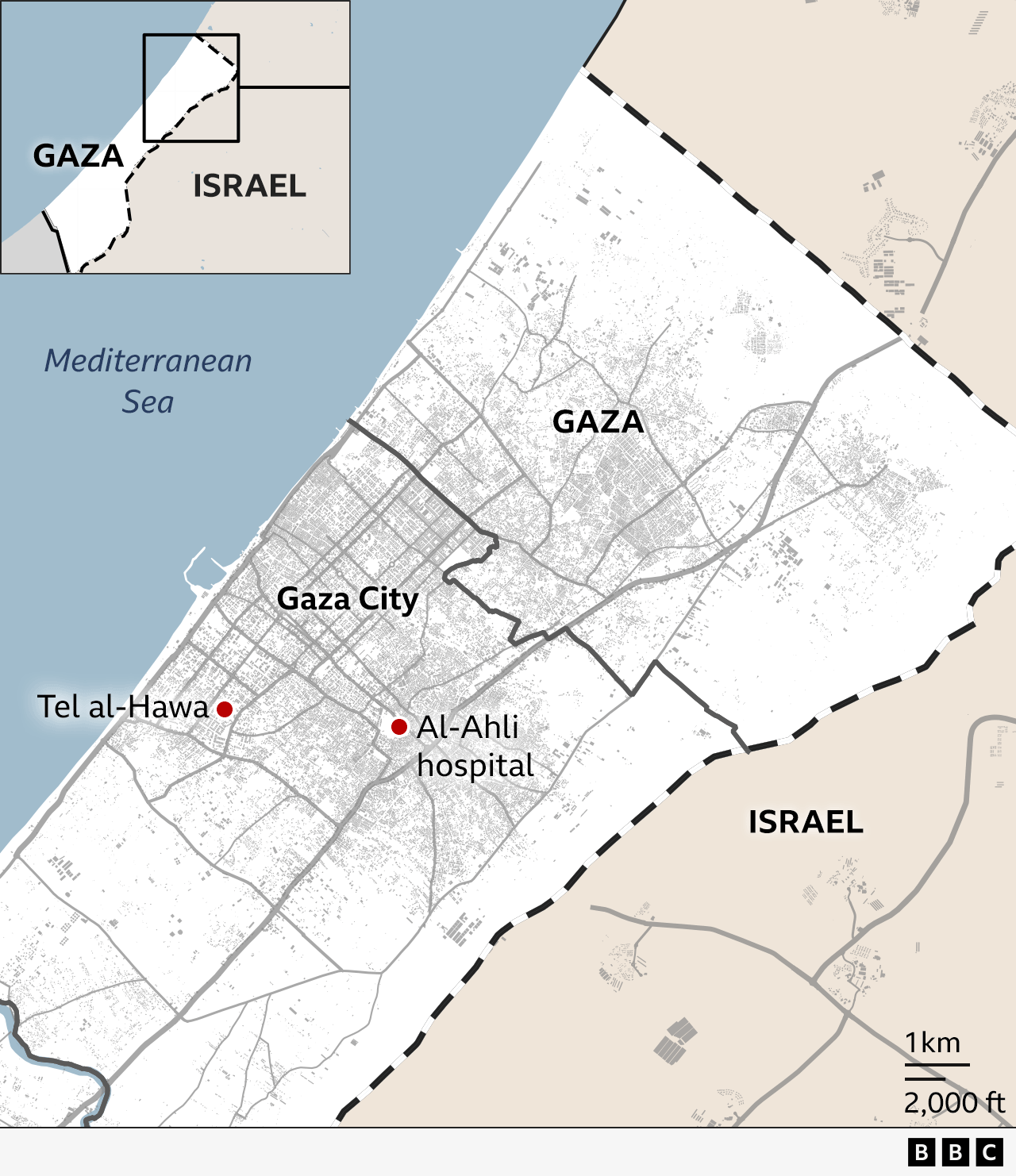 Map showing Tal al-Hawa and al-Ahli hospital