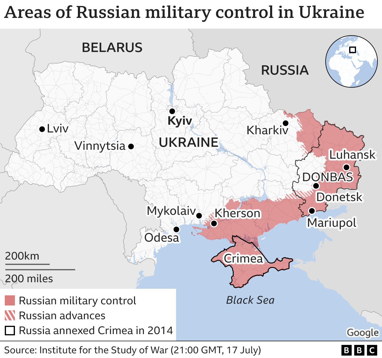 A map showing areas under Russia control in Ukraine