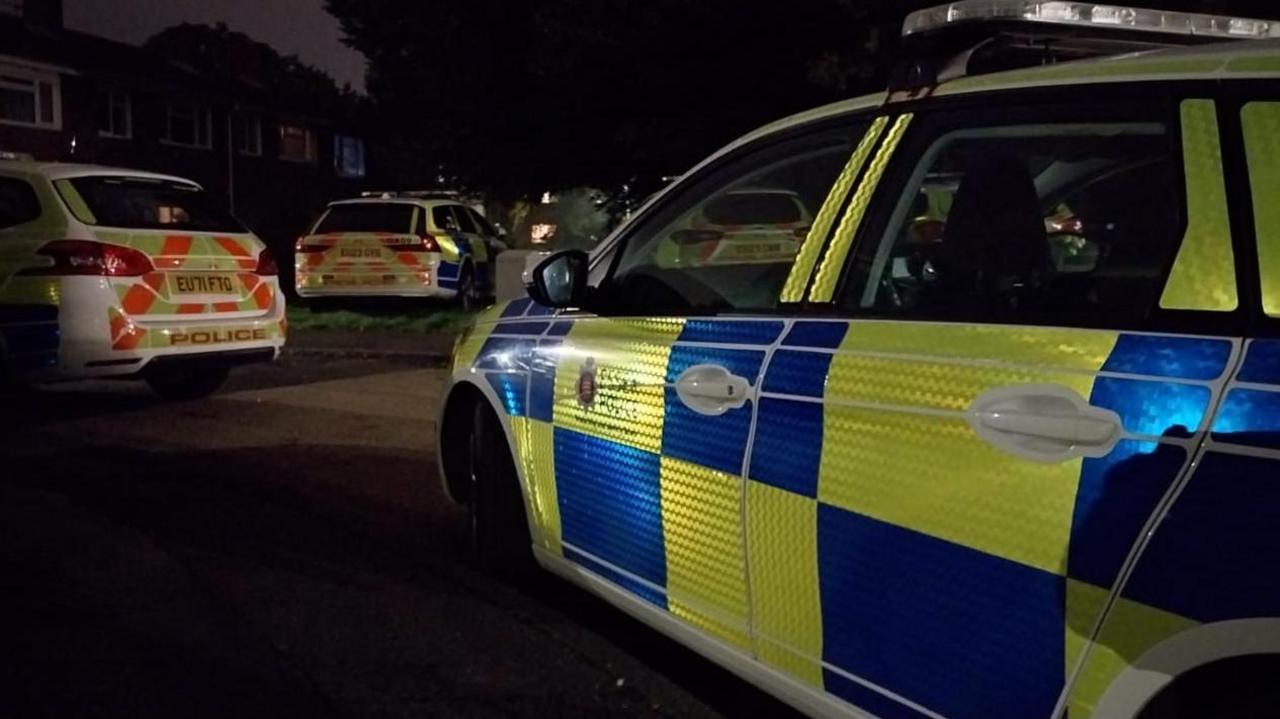 Three police cars can be seen close to each other. The photo is taken in the dark