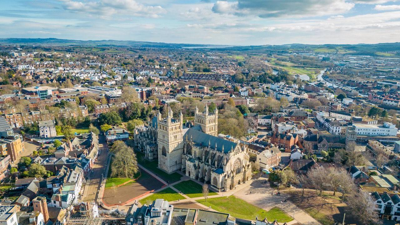 An aerial view of the city of Exeter with the cathedral at the centre