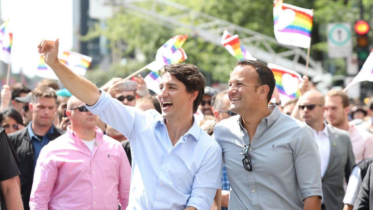 Ireland's Prime Minister Leo Varadkar (r) and Canadian Prime Minister Justin Trudeau taking part in the Pride Parade in Montreal, Canada, on 20 August 2017.