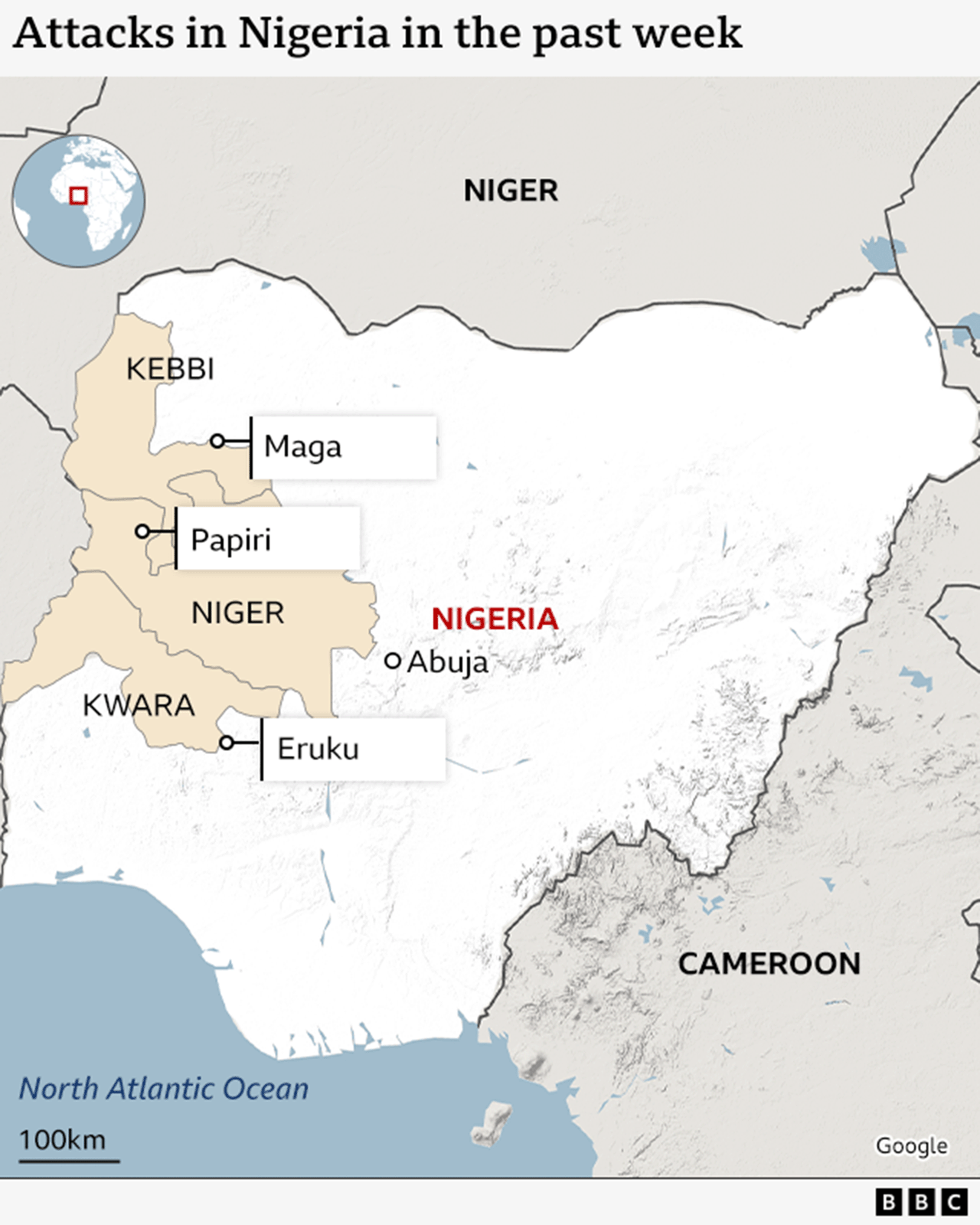A map of Nigeria showing where this week's attacks have taken place - they are all in the west, from north-west, to south-west