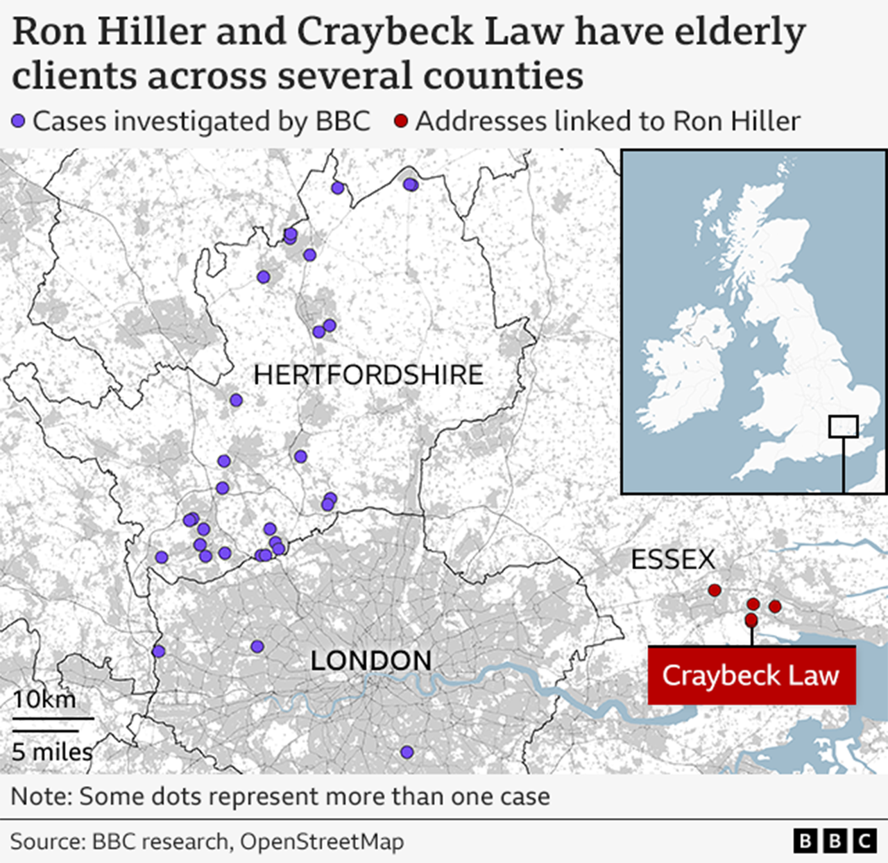 Map of London and the counties immediately to the north - Hertfordshire and Essex - with four red dots in Essex representing companies linked to Ron Hiller, and 30 purple dots representing the people spoken to by the BBC during this investigation