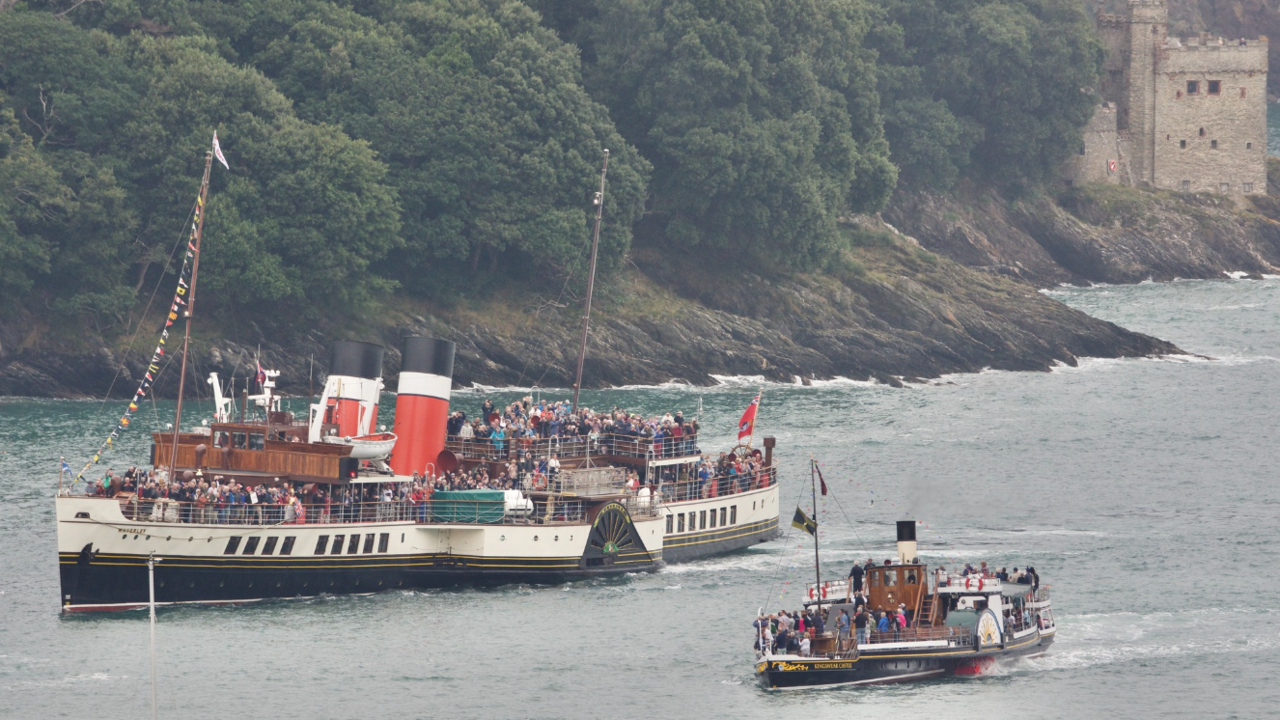 The Waverley and Kingsclear Castle paddle steamers on the River Dart