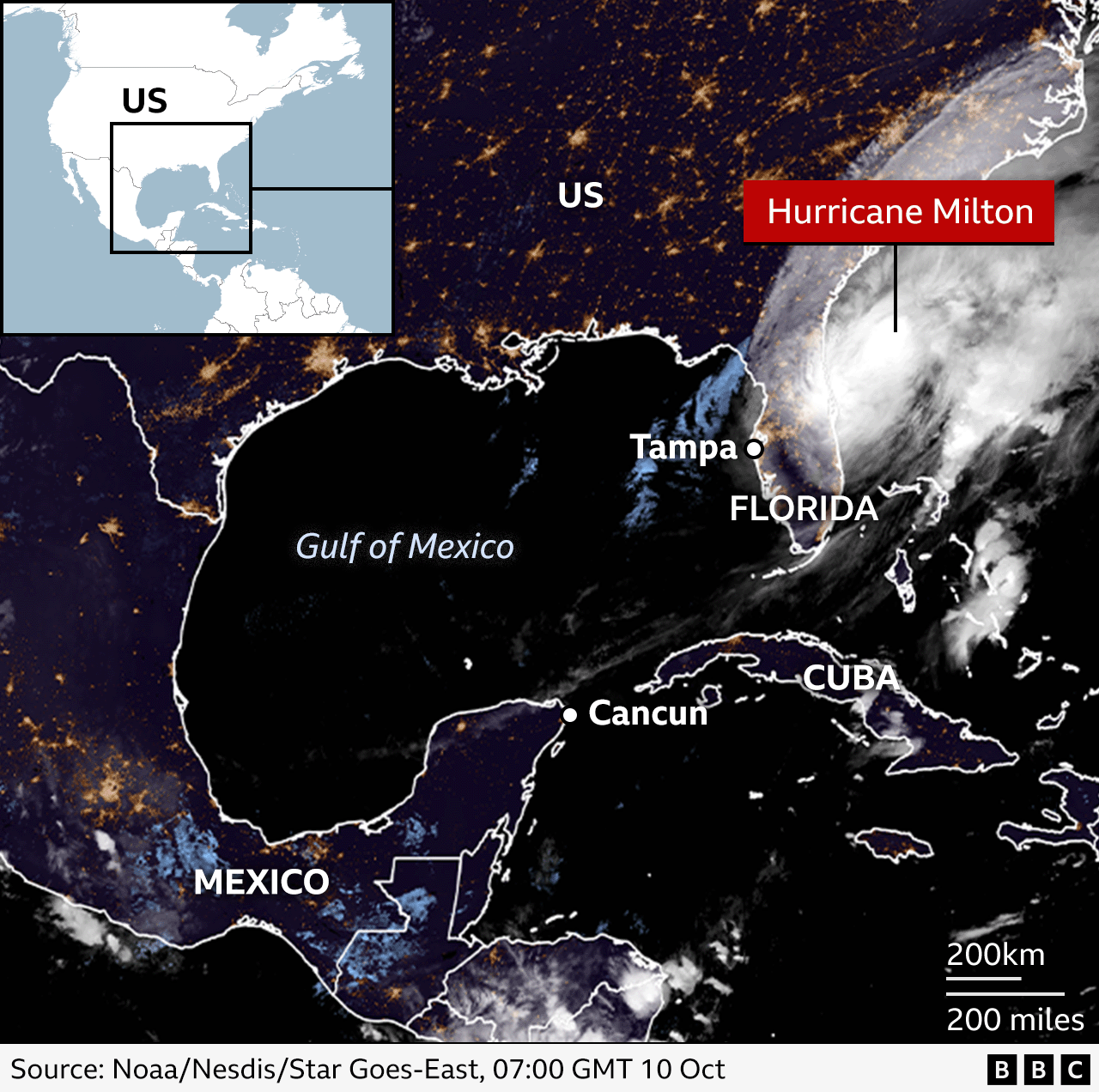 An annotated BBC satellite image shows the position of Hurricane Milton as it passes over the US state of Florida. Locations marked include Tampa, as well as the countries of Mexico and Cuba