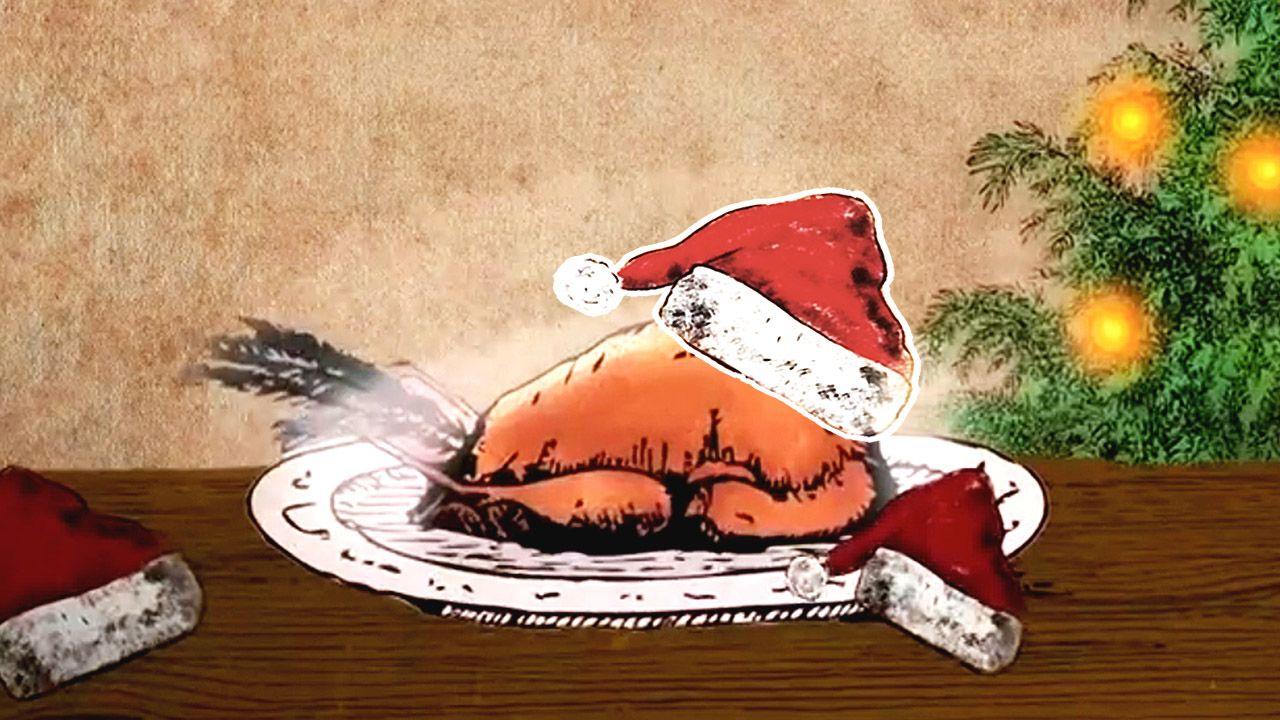 Illustration of a roast turkey with a Father Christmas hat on top of it