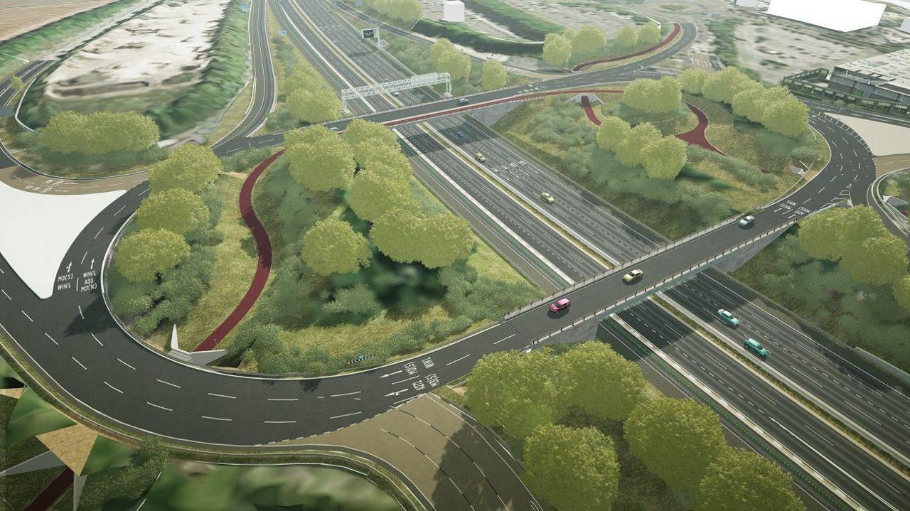 CGI mock up of the work to the M3 shows the motorway with four lanes in the centre, with trees either side of the road and a roundabout abover diverting drivers off 