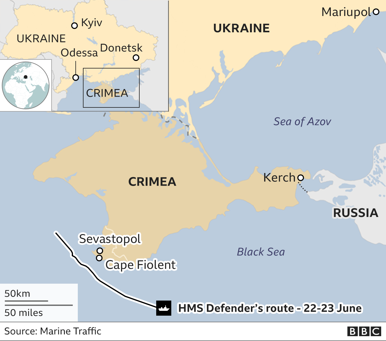 Map showing Crimea, Ukraine and Russia and the warship's path. Updated 24 June