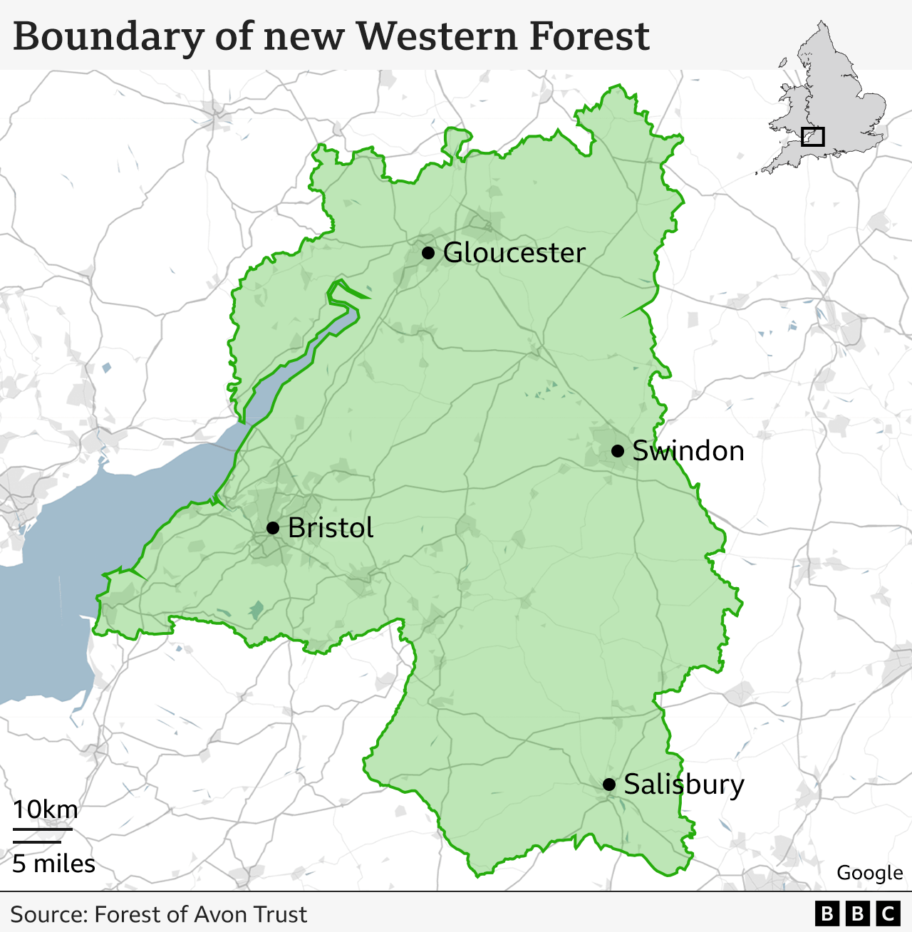 A map showing the west of England area, with the boundary of the new Western Forest highlighted in green. 