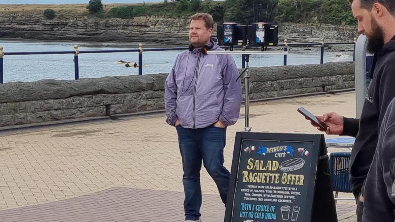 James Corden was also pictured on the set on Barry Island seafront