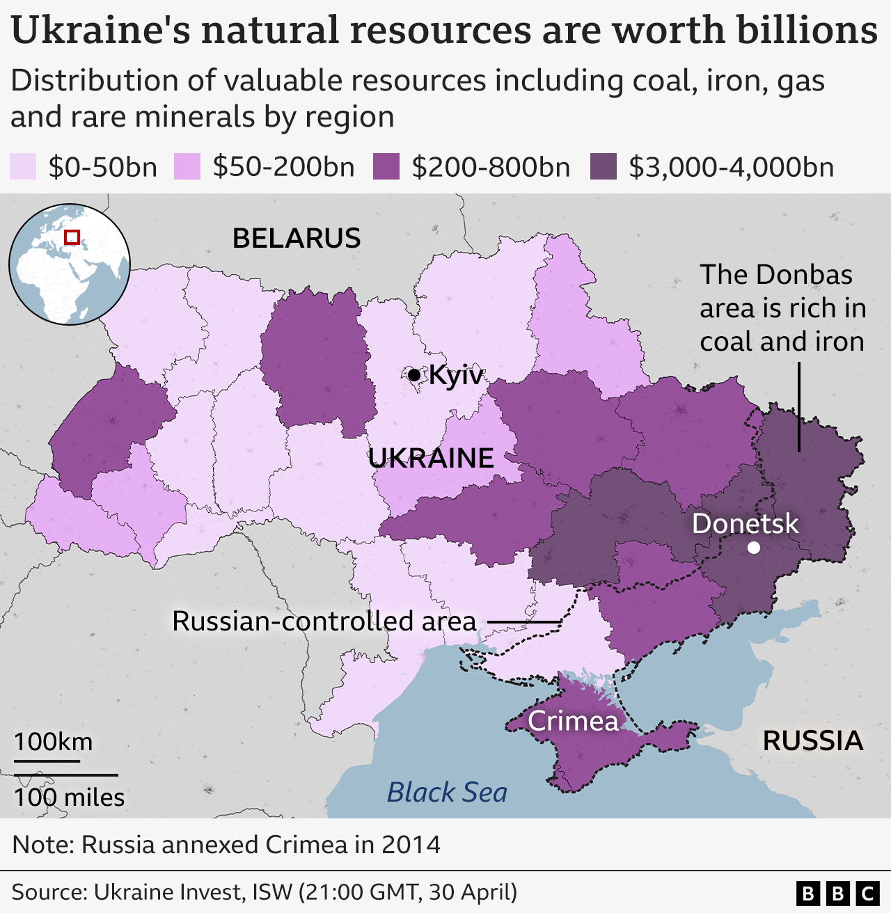 A map in various shades of purple showing how much the natural resources are worth in billions. The central and eastern regions of Ukraine contain the most valuable resources.