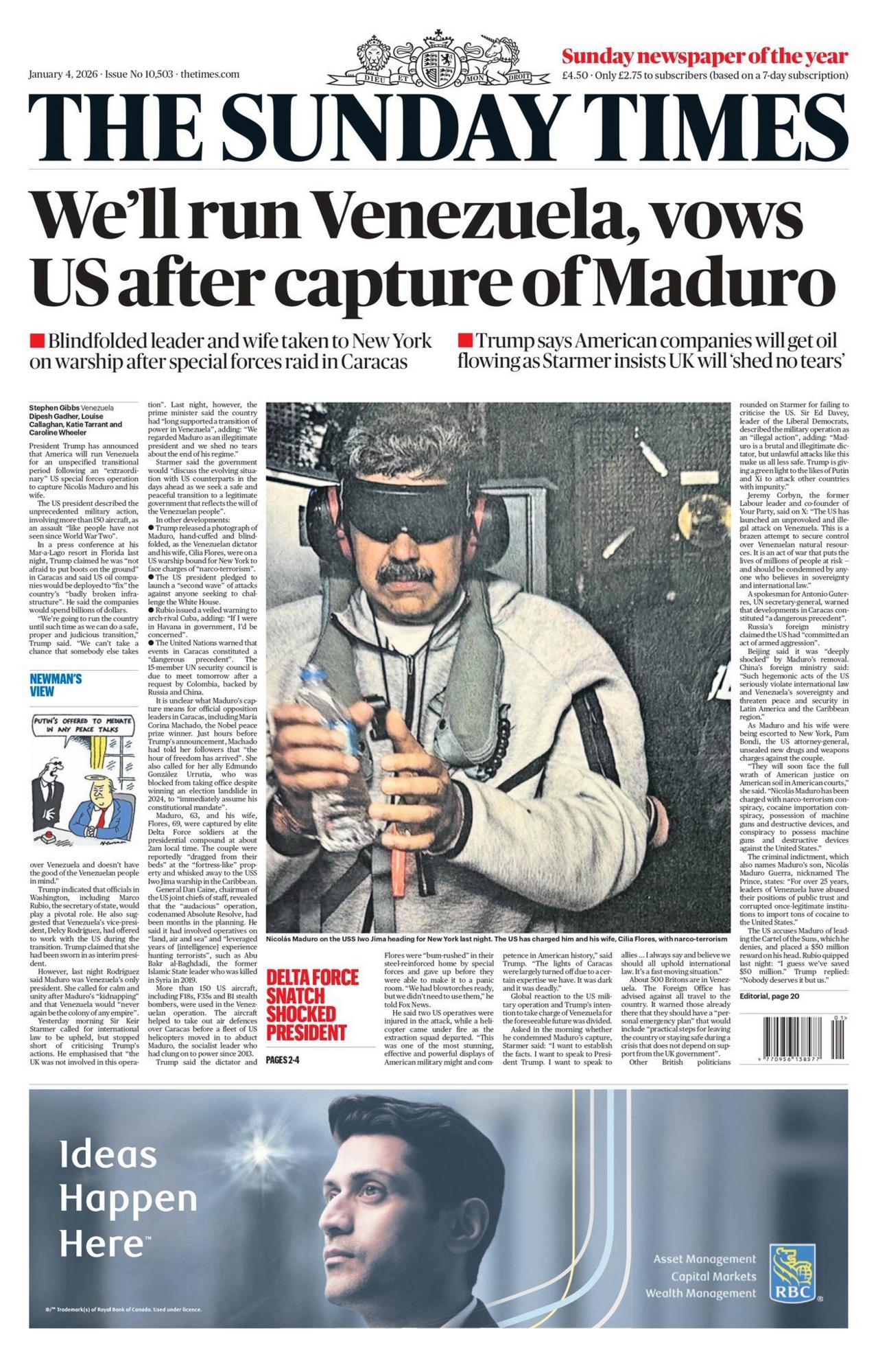 Titulli në faqen e parë të gazetës Sunday Times thotë: “Ne do ta qeverisim Venezuelën, zotohen SHBA-të pas kapjes së Maduros”.