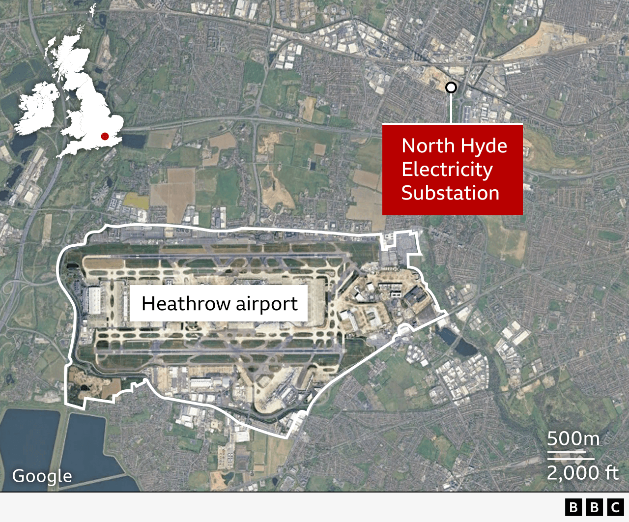 Birdseye view of map showing the location of Heathrow airport and North Hyde electricity substation. 