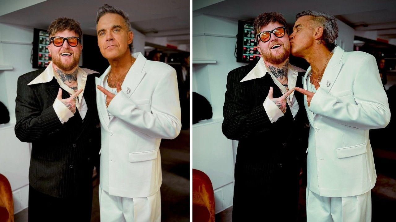 Two side-by-side photos Thom Rylance and Robbie Williams. In the first, the singers look directly into the camera while pointing at one another. In the second image, Williams plants a kiss on Rylance's cheek