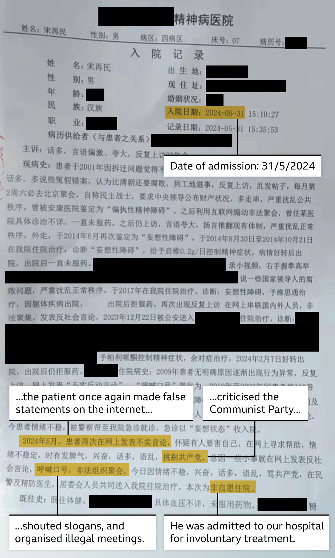 An excerpt from a medical record, in Chinese, with some sections redacted for privacy reasons. There are some English labels for key phrases which are: "Date of admission: 31/5/2024", "the patient once made false statements on the internet", "criticised the Communist Party", "shouted slogans, and organised illegal meetings" and "He was admitted to our hospital for involuntary treatment".