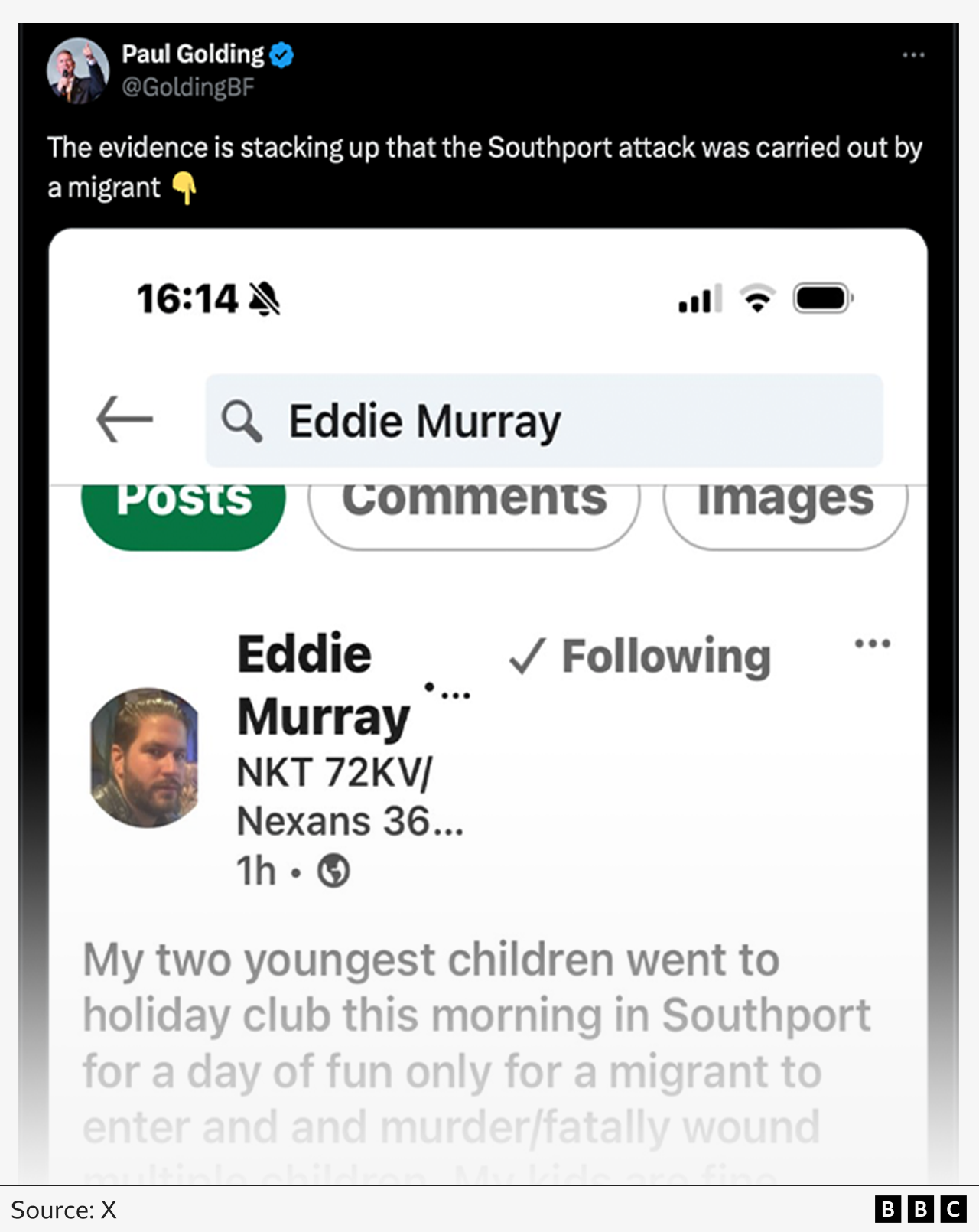 Tweet by far-right activist Paul Golding which reads: "The evidence is stacking up that the Southport attack was carried out by a migrant" - underneath is a screenshot of Murray's LinkedIn post.