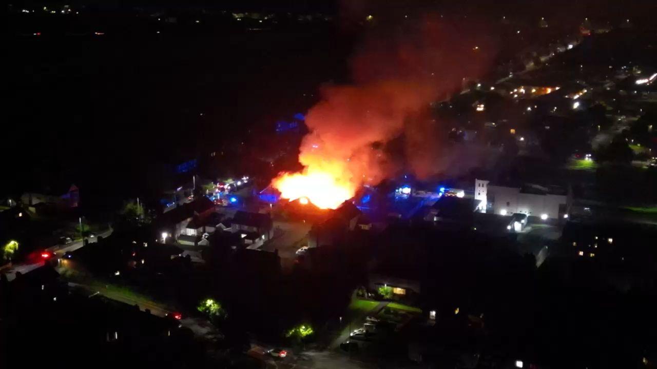 An aerial view of the large fire at the church in Greenisland