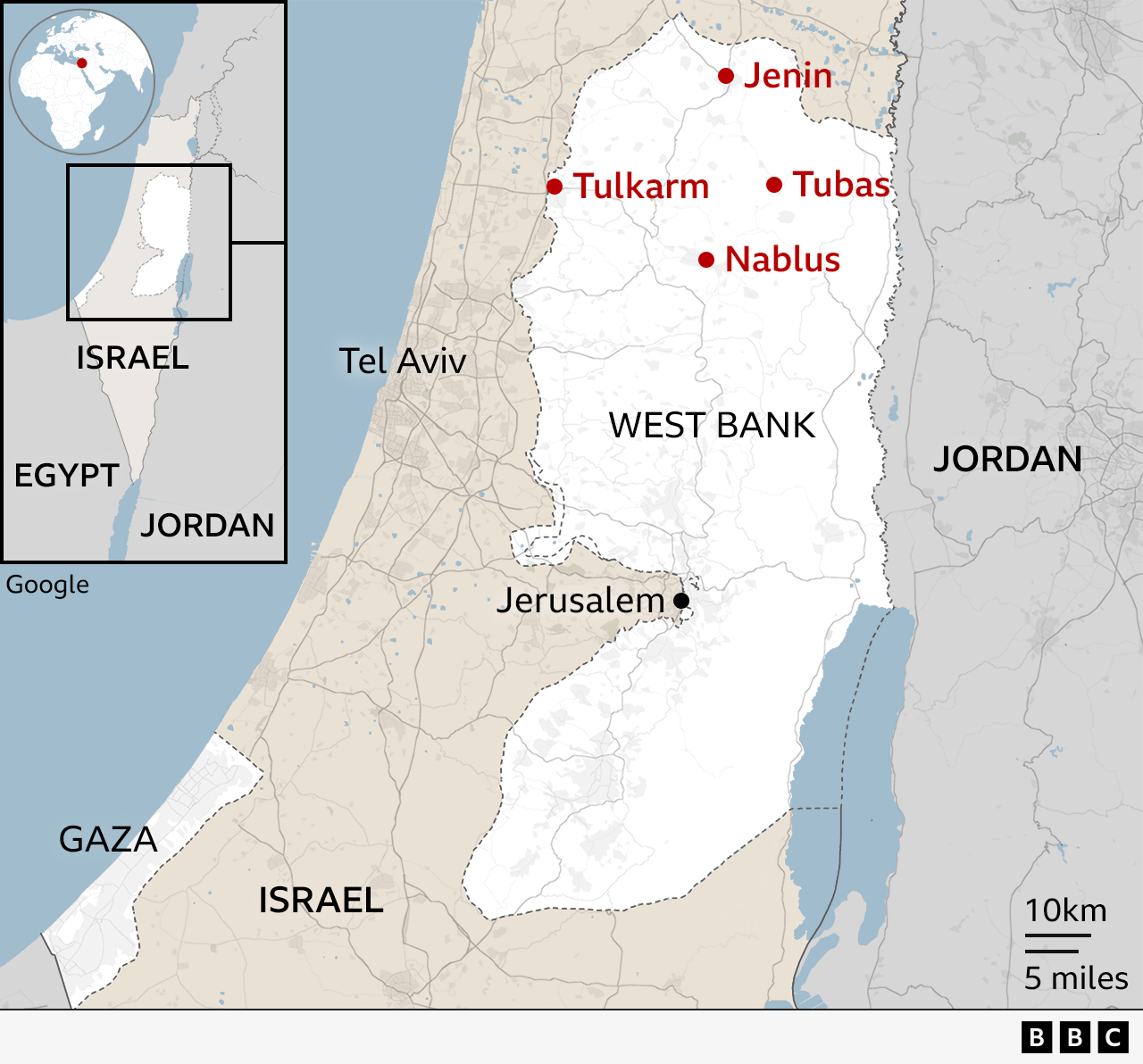 Locator map which shows the West Bank and Israel, marking the northern West Bank city of Jenin, wastern city of Tulkarm, central city of Nablus and Tubas to the east