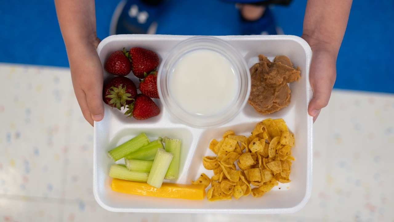 A child holds a school dinner