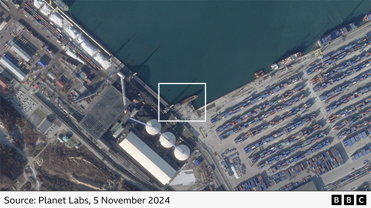  A satellite image shows a North Korean oil tanker docked at a Russian port. 