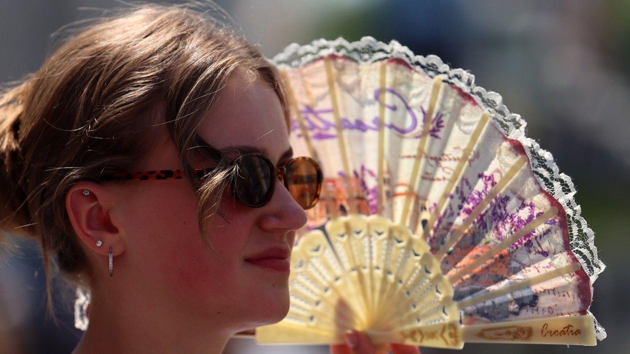 Woman in sunglasses holds a fan