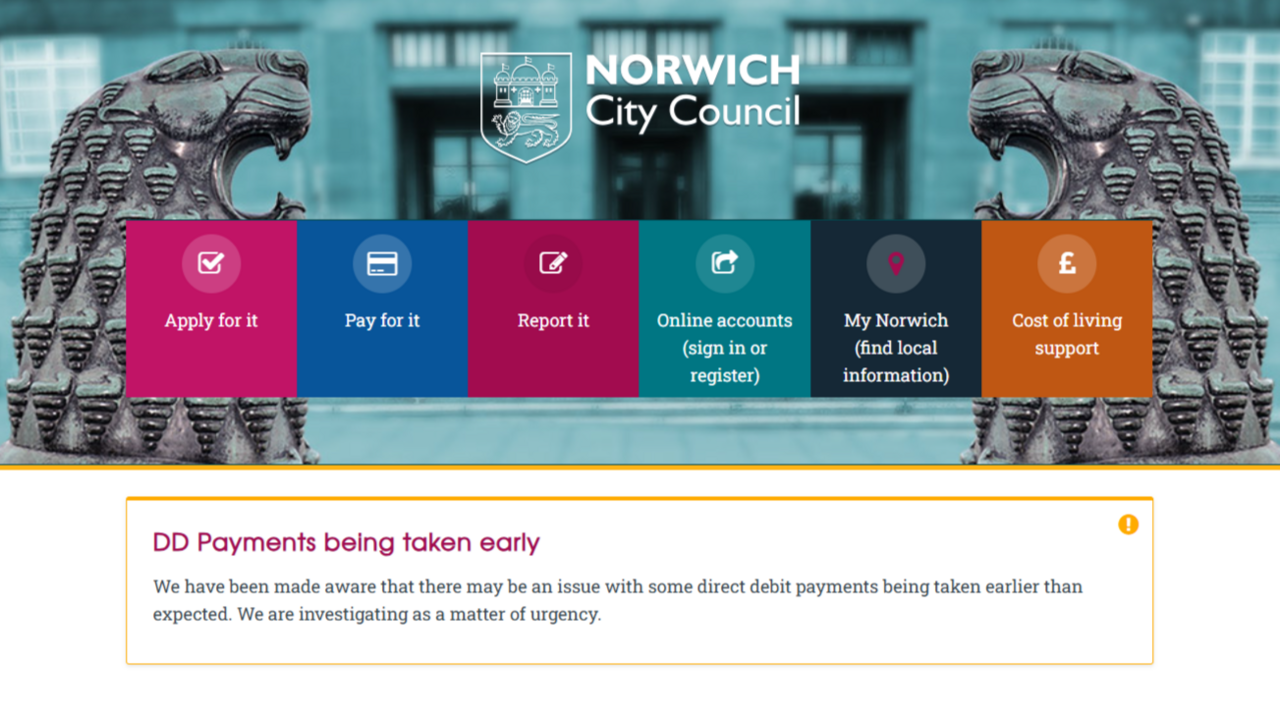 The website homepage of Norwich City Council shows tabs for its different sections and includes an urgent message explaining about direct debit payments being taken early