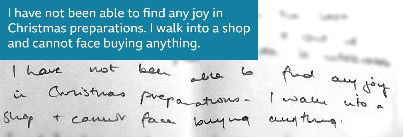 A handwritten note reads: I have not been able to find any joy in Christmas preparations. I walk into a shop and cannot face buying anything.