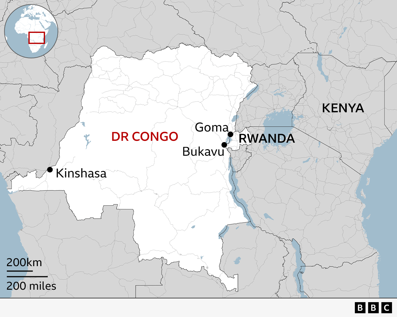 Map showing DR Congo and Rwanda