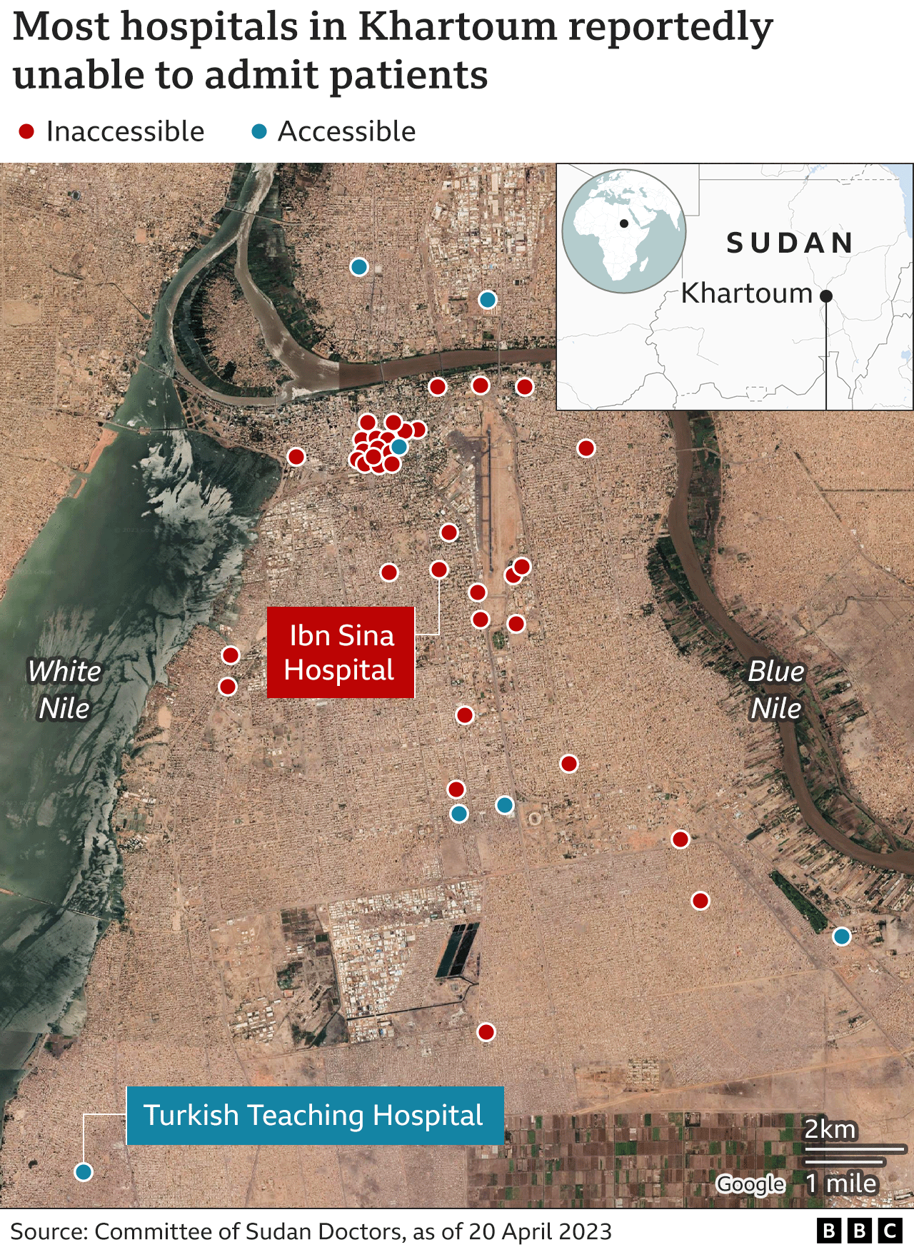 A map showing the status of hospitals around Khartoum, verified by the BBC.