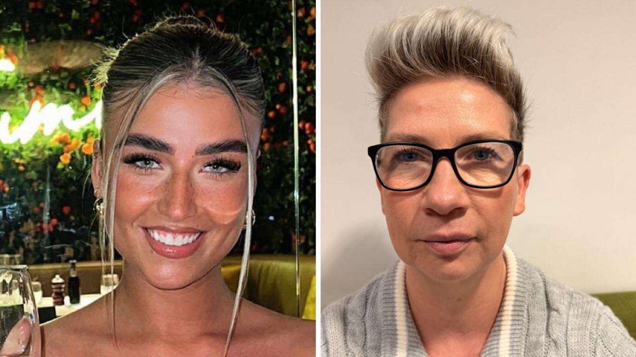 Natasha Woroch on the left. She has bleached blonde hair and is smiling at the camera. Her mum Rachel is on the right. She has a a pixie cut that's blonde. She is wearing black rectangular glasses and is looking glumly into the camera. She has a blue collar that you can slightly see and natural makeup on.