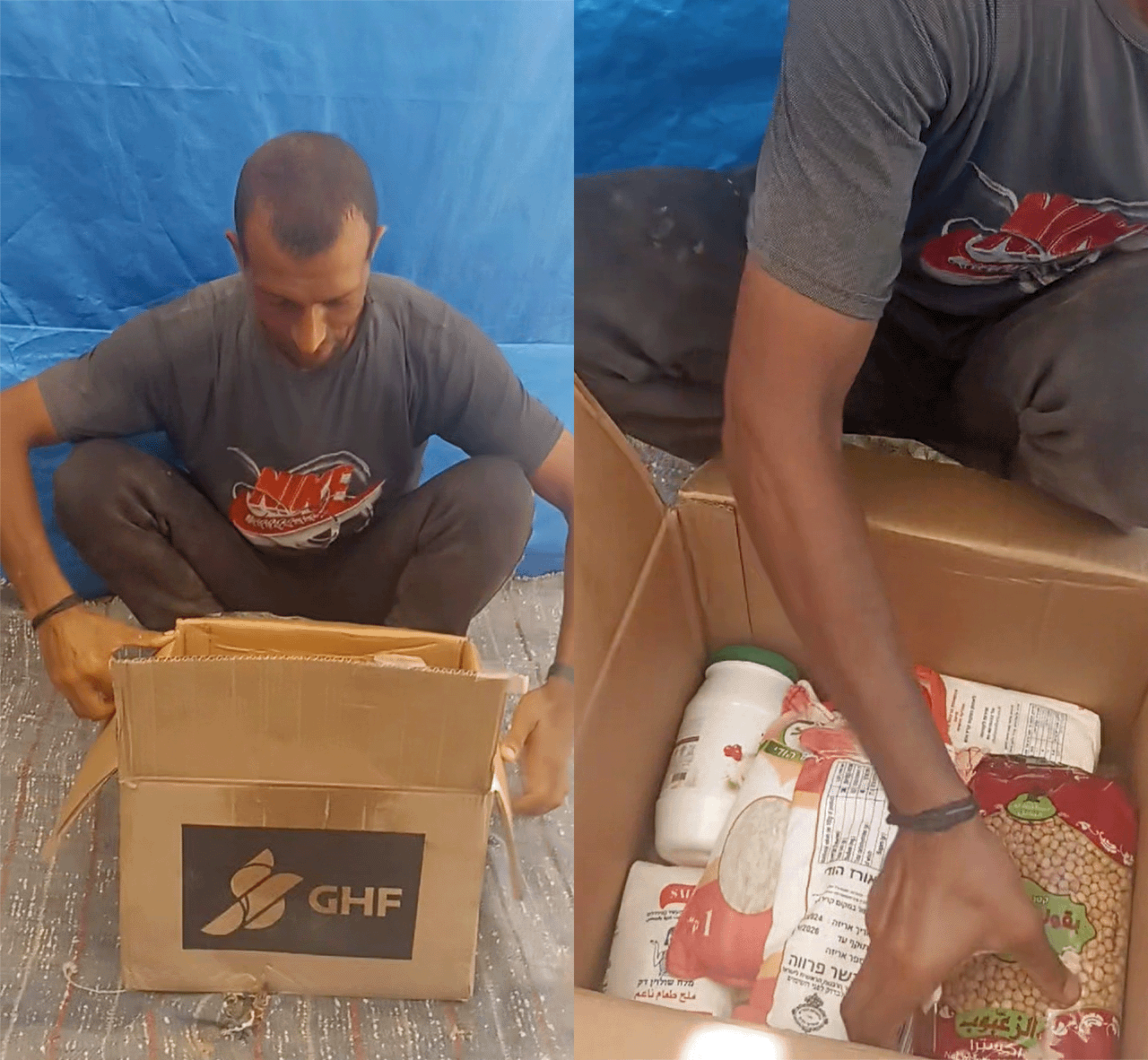 A Gazan man examines the contents of a box of aid. 