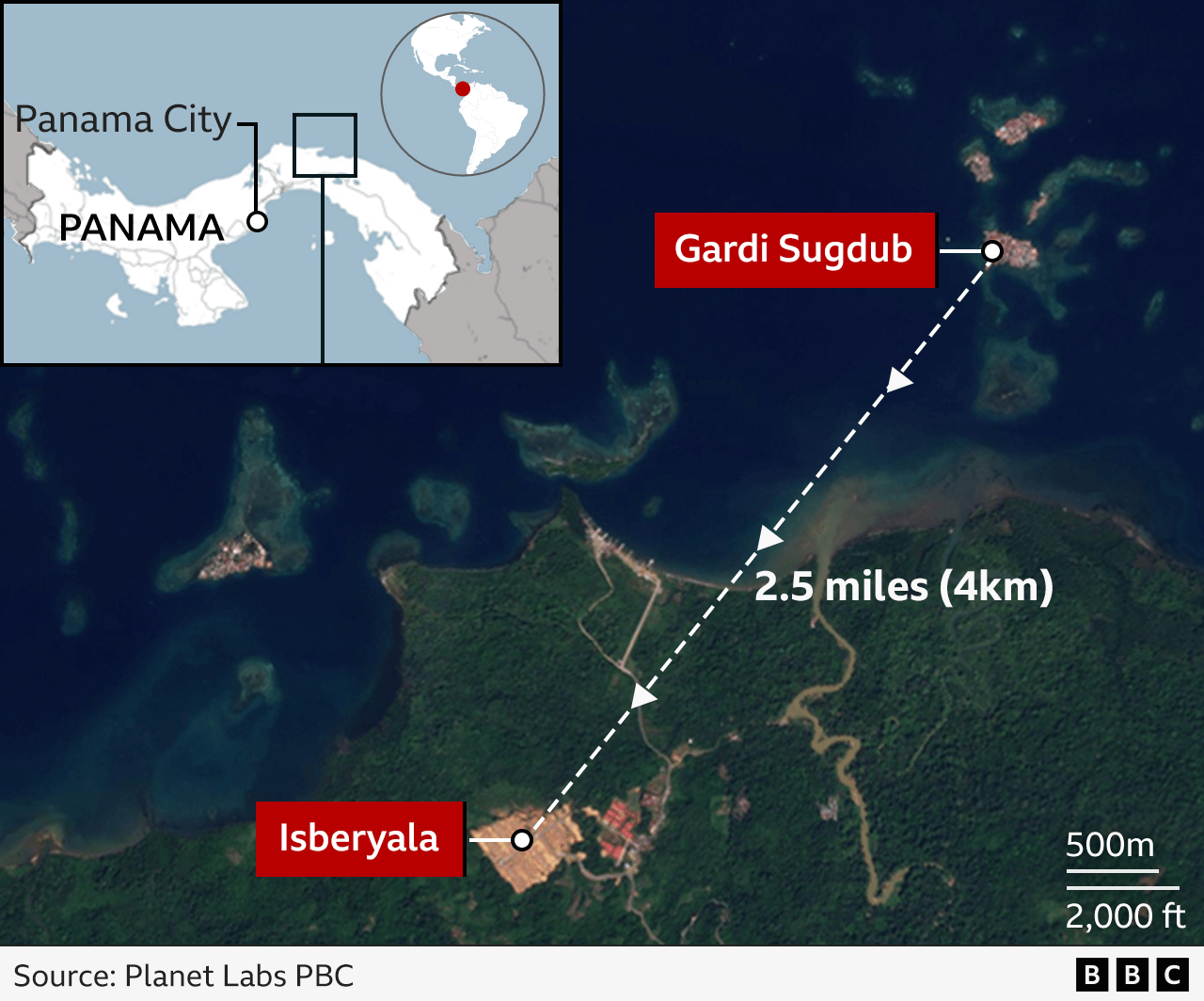 Map made from a satellite image showing the island of Gardi Sugdub off the northern coast of Panama. It is 2.5 miles (4km) from Isberyala, which is visible as a large light patch surrounded by green forest.