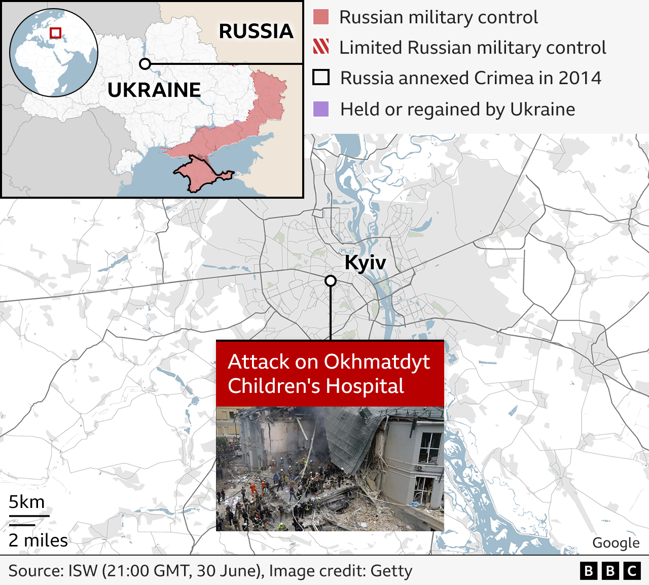 Map showing attack on Okhmatdyt children's hospital