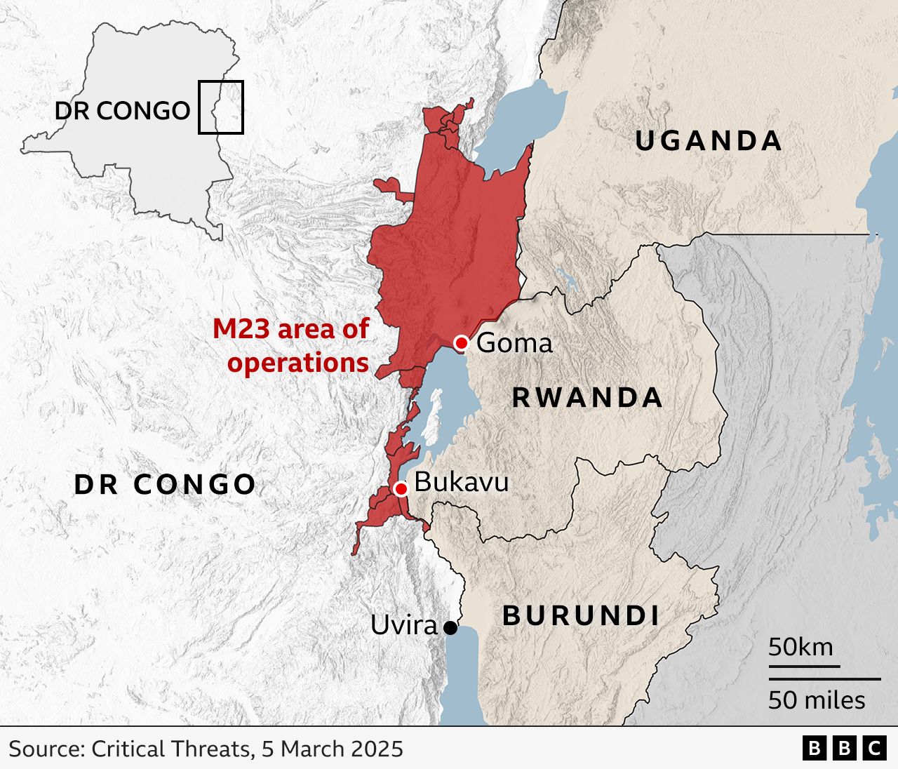 Map showing M23's area of operations in eastern DR Congo