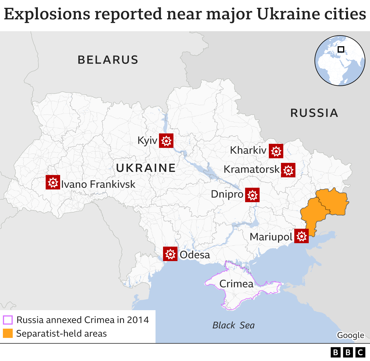 Map showing explosions in Ukraine