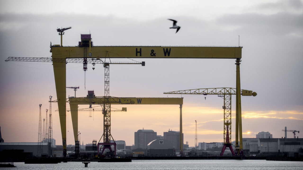 Harland and Wolff cranes with a pale sunrise sky in the background. A bird is flying at the top of the photo and buildings can be seen far behind the cranes.