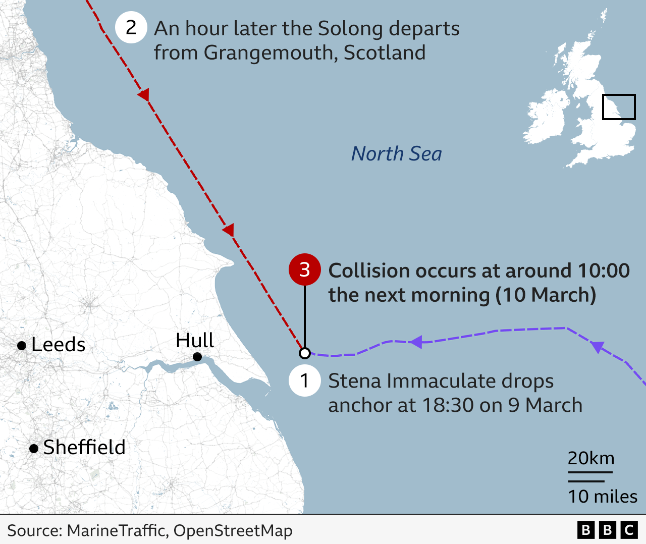 A map showing the north east coast of England with a label indicating the routes taken by the Stena Immaculate and Solong and the site of the collision some tens of kilometres away from Hull