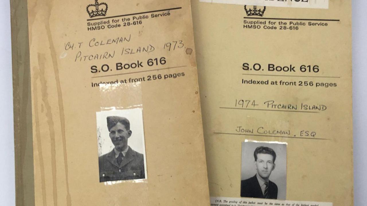 John Coleman's two old and discoloured diary logs, each of which feature a small picture of him.