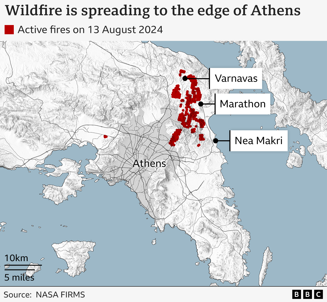 Map of Greece showing the area around Athens and locating the towns of Nea Makri, Marathon, and Varnavas, along with the areas of active wild fire in the last 24 hours on 13 August 2024.